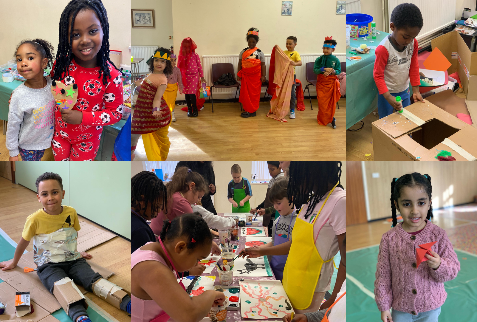 The image is a collage of 6 photos from Curiosity Club of different activities. There are children dressed up in fabric, at a table painting, showing crafts they've made, and creating craft projects.