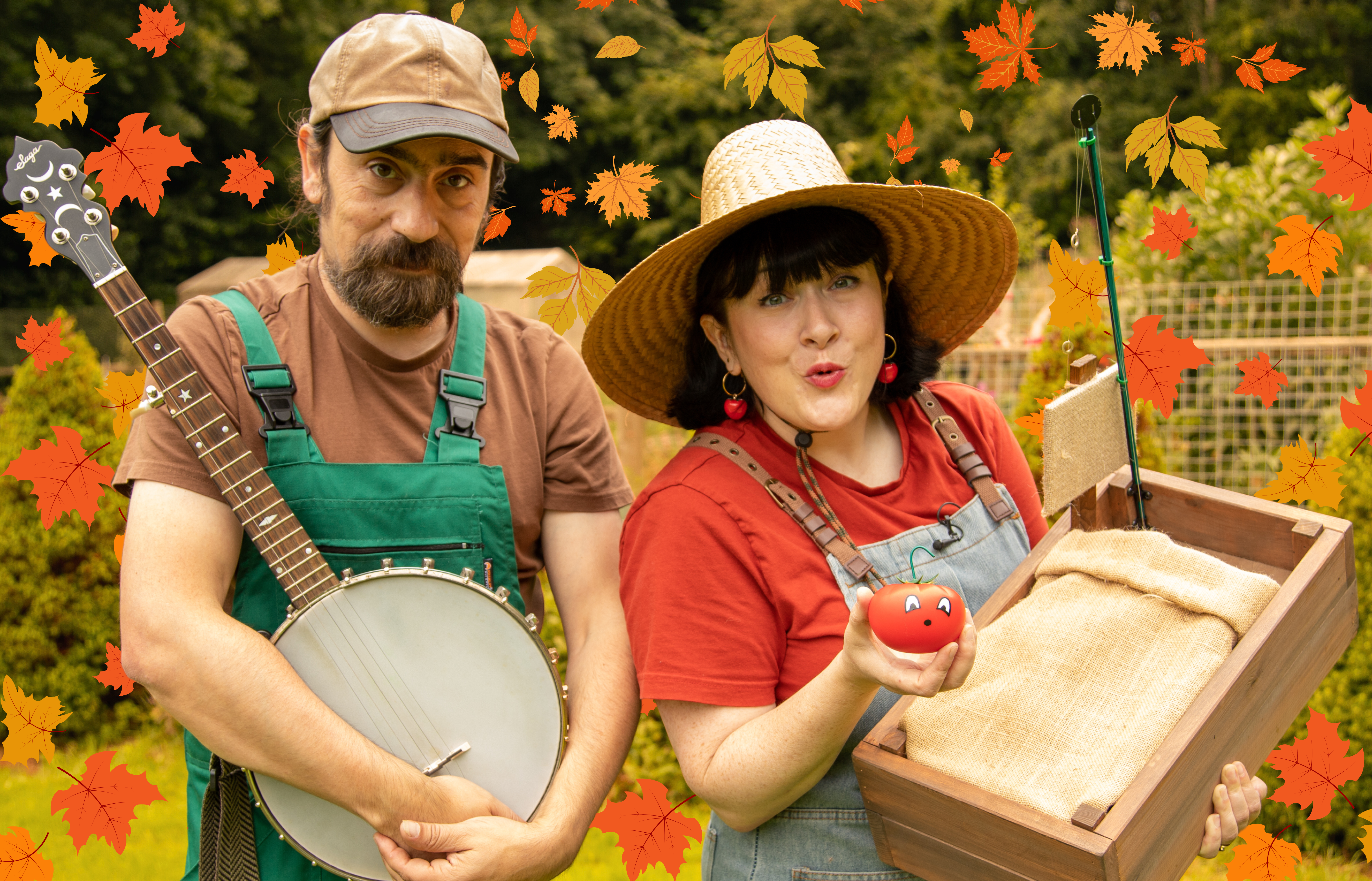 The Sleeping Seeds gardeners are standing with graphic autumn leaves falling behind them.